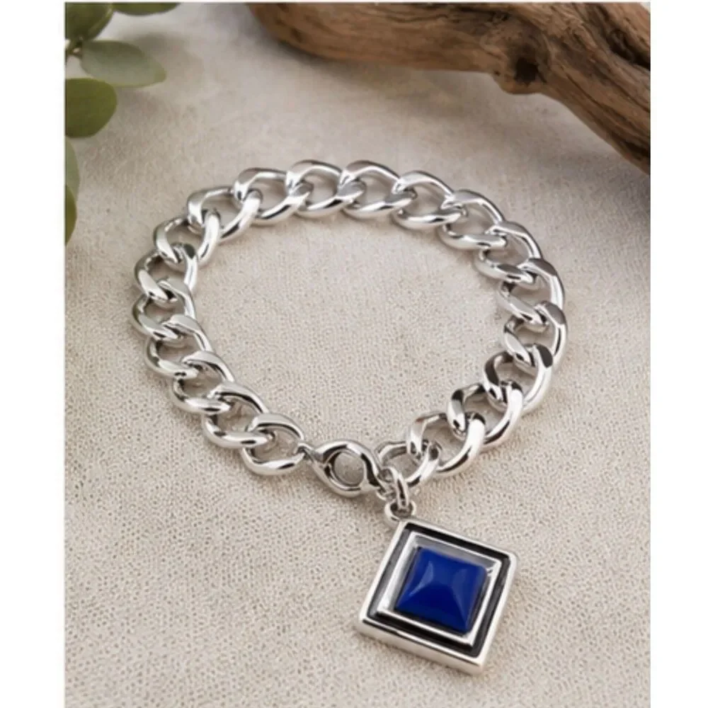 Vintage 90s Silver Tone Chunky Chain Bracelet Lapis Blue Geometric Charm Y2K